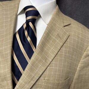 Jos A Bank Sport Coat 43R Tan Beige Linen Cotton Check Windowpane Blazer Burke